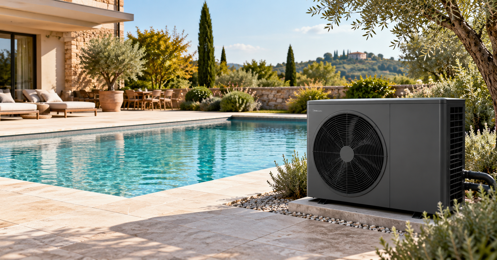 Pompa di calore per piscina installata vicino alla vasca